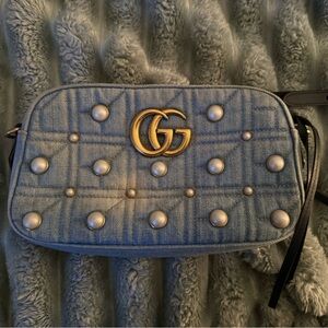 Stylish Blue Designer Bag with Gold Accents